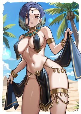 1girls blonde_hair blue-haired_female blue_hair breast_curtains breasts brown_eyes egyptian_clothes female green_hair hair_over_one_eye jewelry loincloth looking_at_viewer multicolored_hair pelvic_curtain perrin_(pokemon) pokemon redjet short_hair thin thin_female three-tone_hair tomboy wide_hips