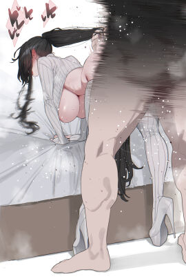 1boy 1girls ambiguous_penetration bed big_breasts black_hair blush breasts completely_nude female female_focus hair_grab head_out_of_frame heart high_heels indoors long_hair male mimyo muscular muscular_male nude nude_male original pulling_hair revealing_clothes sex simple_background solo_focus straight underboob white_background white_clothing