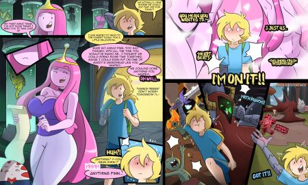 1girls 2boys adventure_time almost_naked asking_for_it attack bag big_breasts blush breasts cartoon_network cleavage comic_panel crown female finn_the_human fully_clothed hermitmoth long_hair male panties pants paper_roll peppermint_butler pink_body pink_hair pink_skin ponytail princess_bubblegum prosthetic prosthetic_arm shirt standing surprised sword talking_to_partner text_bubble thick_thighs tuxedo voluptuous voluptuous_female warner_brothers