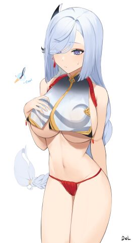 arm_behind_back artist_name bare_arms bare_belly bare_hands bare_hips bare_legs bare_midriff bare_navel bare_shoulders bare_skin bare_thighs bare_torso blue-eyed_female blue_eyes braid breast_curtain breast_curtains breasts chinese_clothes cloud_retainer_(genshin_impact) female fundoshi genshin_impact grey_eyes grey_hair hair_ornament hair_over_one_eye hand_behind_back hand_on_breast hand_on_chest hand_on_own_breast hand_on_own_chest hourglass_figure large_breasts long_hair lordol low-braided_long_hair low-tied_long_hair navel no_pants panties red_panties shenhe_(genshin_impact) simple_background slender_body slender_waist slim_female slim_waist solo sweat sweatdrop thighs thin_waist underboob underwear white-haired_female white_background white_eyebrows white_hair wide_hips