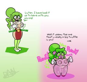 12lolomalo breast_expansion breast_growth breast_growth_(enlargement) breasts edit edited embarrassed english_text female naked nude_edit pig shortstack shortstackification spelline spelline_(12lolomalo) text transformation