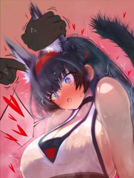 1girls 2025 animal_ear_fluff animal_ears arknights black_hair blaze_(arknights) blue_eyes blush cat_ears cat_girl cat_tail catgirl cleavage doctor_(arknights) ear_rub ears_up female heavy_breathing hi_res long_hair matatamae rubbing_ears sensitive sensitive_ears simple_background tail