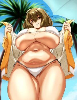 1girls anis_(nikke) anis_(sparkling_summer)_(nikke) big_breasts bikini breasts female goddess_of_victory:_nikke grin huge_breasts jacket light-skinned_female light_skin low-angle_view miom platinum_blonde_hair solo solo_female textless_version thick_thighs thighs underboob yellow_eyes