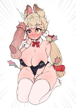 1boy 1girls alice_thymefield breasts bunny_ears bunnysuit cleavage cock_shock cock_worship drool drooling female female_focus heart-shaped_pupils kneeling large_breasts light-skinned_female light_skin looking_at_penis male penis penis_awe pussy pussy_juice revealing_clothes shiny_clothes skimpy_clothes thick_thighs thighhighs thighs white_background whomperfruit wide_hips zenless_zone_zero