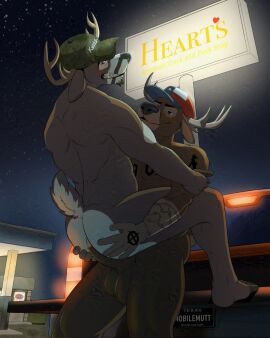 anal anal_sex anthro anthro_on_anthro anthro_penetrated anthro_penetrating anthro_penetrating_anthro antlers ass balls brown_body brown_fur clenched_teeth clothing deer duo erection fur genitals hat headgear headwear hi_res horn humanoid_genitalia humanoid_penis intraspecies male male/male male_penetrated male_penetrating male_penetrating_male mammal mobilemutt night outside penetration penile penile_penetration penis penis_in_ass redneck sex short_tail sky stand_and_carry_position standing standing_sex star tail tattoo teeth truck_stop trucker_hat