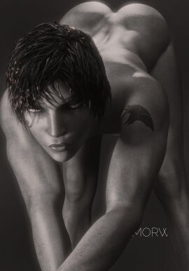 1girls 3d arm_tattoo bending_forward black_and_white blizzard_entertainment bob_cut brown-skinned_female dark-skinned_female dark_skin egyptian_female eye_tattoo female looking_at_viewer monochrome morw muscular muscular_female overwatch overwatch_2 pharah pinup short_hair shoulder_tattoo solo solo_female tagme tattoo tattooed_arm tattoos tomboy toned toned_female