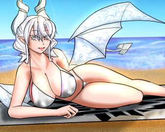 1girls amra amraphenson beach beach_background bikini breasts demon demon_girl demon_horns duel_monster female hi_res labrynth_of_the_silver_castle large_breasts looking_at_viewer lovely_labrynth_of_the_silver_castle lying lying_down open_mouth pose smile solo wings yu-gi-oh!