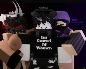 1boy 2girls 3d ass barefoot beanie big_ass big_breasts black_hair blender_(software) blender_cycles breasts character_name cher924 exposed_breasts female horns horny_female male nude nude_female roblox roblox_avatar robloxian self_upload tagme watermark