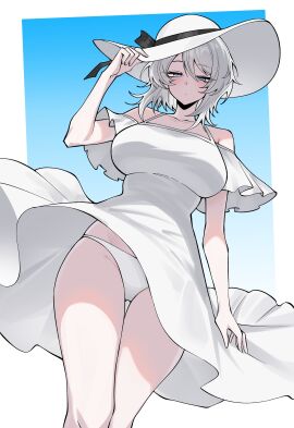 1girls blue_eyes breasts closed_mouth exposed_panties expressionless eyebrows_visible_through_hair eyelashes_visible_through_hair faust_(limbus_company) female hat large_breasts limbus_company looking_at_viewer project_moon short_hair shoulders simple_background sole_female sundress thighs vvernerluniq white_hair white_panties wind