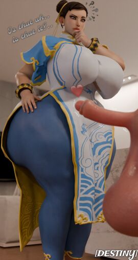 1boy 1girls 3d ass balls big_ass big_breasts breasts brown_hair capcom chinese_clothes chun-li clothed_female_nude_male disappointed double_bun english_text erection female female_focus gigantic_balls huge_ass huge_balls huge_breasts large_penis light-skinned_female light-skinned_male light_skin looking_at_penis male nsfwdestiny oversized_balls penis small_penis_humiliation street_fighter thick_thighs thunder_thighs voluptuous