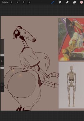 1girls angry annoyed ass b1_battle_droid battle_droid big_ass big_breasts bottomless breasts clothed clothing dj_battle_droid female female_focus female_robot gatoradeew huge_ass large_ass robot robot_girl star_wars thong