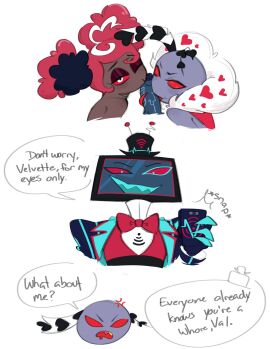 1girls 2boys angry animal_humanoid collaborative_fellatio double_fellatio english english_text fellatio female hazbin_hotel male moth moth_antennae moth_boy phone purple_skin red_eyes sharp_claws sharp_fingernails sharp_teeth tagme taking_picture teamwork threesome tv_head tv_screen valentino_(hazbin_hotel) veesome velvette vox_(hazbin_hotel)