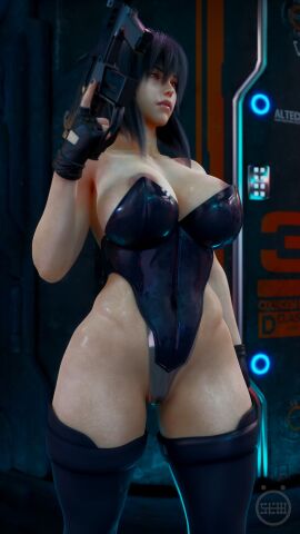 1girls 3d ass big_ass big_breasts breasts cyborg female female_focus female_only ghost_in_the_shell kusanagi_motoko large_breasts light-skinned_female light_skin purple_hair self_upload short_hair slow_(artist) solo standing thick_thighs thighhighs weapon