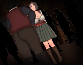 1boy 1girls 3d absurd_res absurdres big_breasts blue_eyes breasts brown_hair catalina_(vyrus_smith) dark-skinned_male dark_skin erect_nipples erect_nipples_under_clothes fat_male female full_body green_skirt hand_on_hip hi_res high_resolution highres knee_boots large_breasts looking_at_another male married_female mature mature_female nipples original outdoors rose silhouette smile speech_bubble vyrus_smith