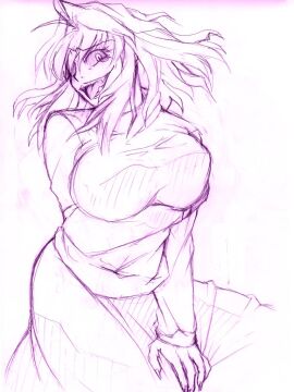00s :p arcueid_brunestud breast_hold breasts fangs female huge_breasts melty_blood messy_hair miton_(caramel_choco) monochrome purple_theme red_arcueid short_hair sketch skirt solo sweater tongue tongue_out tsukihime turtleneck