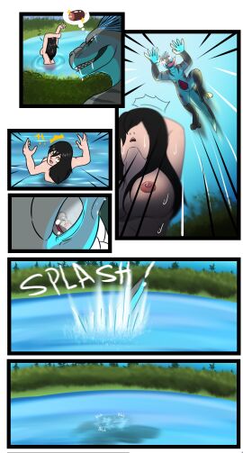 anthro bathing breasts chyara_the_chimera erection female genitals hi_res human humanoid hunting lamia looking_at_another male male/female mammal naga peeping penis pounce scalie snake swallowing vore wet wet_body