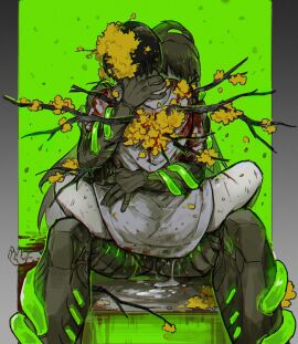 2boys anal armor black_armor black_hair blood_on_clothes blood_on_hands branch cum cum_overflow effloresced_ego_spicebush_yi_sang_(limbus_company) falling_petals flaw_eight flower hanbok high_ponytail hong_lu k_corp_excision_staff_hong_lu_(limbus_company) korean_clothes limbus_company long_hair male multiple_boys multiple_males petals project_moon sex sitting straddling upright_straddle white_hanbok yaoi yellow_flower yi_sang_(limbus_company)