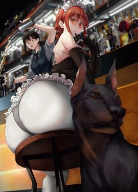 ass ass_focus big_ass big_butt camera_flash chainsaw_man doberman dobermann domestic_dog female higashiyama_kobeni inkspirate looking_at_viewer looking_back maid maid_uniform makima_(chainsaw_man) sitting smile smiling