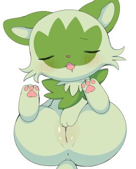 anus azuo blush bodily_fluids closed_eyes drooling felid feline female feral finger_fuck fingering fur generation_9_pokemon genitals green_body green_fur hi_res legs_up mammal masturbation multicolored_body multicolored_fur nintendo pawpads plump_labia pokemon pokemon_(species) pussy saliva simple_background solo sprigatito two-tone_body two-tone_fur vaginal_masturbation vaginal_penetration white_background