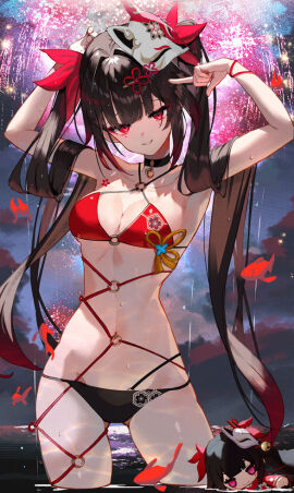 1girls 2024 2d 2d_(artwork) alternate_costume belly_button bikini bikini_bottom bikini_top black_bikini_bottom bra brown_hair female female_focus female_only fireworks fox_mask front_view honkai:_star_rail honkai_(series) in_water light-skinned_female light_skin long_hair looking_at_viewer low_res lowres mask mask_on_head navel night pigtails red_bikini_top red_eyes revealing_swimsuit sco_ttie slim_female smiling smiling_at_viewer solo solo_female solo_focus sparkle_(doll)_(honkai:_star_rail) sparkle_(honkai:_star_rail) standing swimsuit thong thong_bikini two_piece_swimsuit water young younger_female