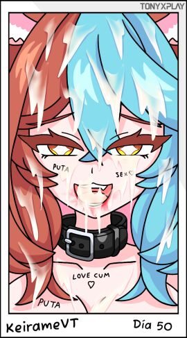 blue_hair blush blush_lines blushing_at_viewer blushing_female breasts brown_hair bunny_costume collar cum_drip cum_dripping cum_dripping_from_face cum_dripping_from_mouth cum_in_hair cum_in_hands cum_in_mouth cum_on_face cumshot cumshot_in_mouth cumshot_on_face cumshot_on_hair female hair_ornament heart_eyes hispanic_virtual_youtuber keiramevt latam_virtual_youtuber long_hair multicolored_hair navel nipples oneeshi only_female pink_hair tony_x_play tonyxplay vibrator virtual_youtuber vtuber vtuberfanart writing_on_body writing_on_face yellow_eyes