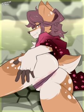 2025 5_fingers absurd_res amazinggwen anthro ash_(amazinggwen) ass brown_body brown_fur brown_tail camel_toe cameltoe clothed clothed_anthro clothed_female clothing deer digital_media_(artwork) female fingers fur genital_outline hair hand_on_ass hand_on_butt hand_on_own_butt hi_res hybrid looking_at_viewer looking_back looking_back_at_viewer lying mammal on_front panties pussy pussy_outline rear_view red_eyes smile solo tail topwear underwear