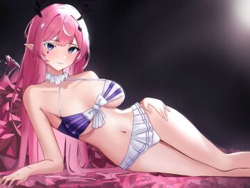 bangs bare_arms bare_shoulders bikini bikini_skirt blue_eyes blush breasts camila_(vtuber) closed_mouth demon female frilled_bikini frills halterneck horns indie_virtual_youtuber large_breasts long_hair looking_at_viewer lying marking_below_eyes navel on_side pink_hair pointy_ears smile solo stomach succubus swimsuit thighs very_long_hair virtual_youtuber white_choker