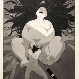 bertrandgatignol black_and_white cunnilingus female giantess male nude nude_female nude_male