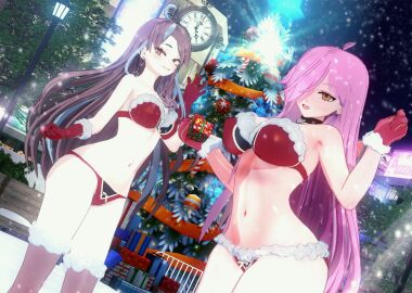3d 3d_model big_breasts blush breasts brown_hair christmas christmas_bikini christmas_tree day emikukis female latam_virtual_youtuber long_hair looking_at_viewer multicolored_hair multiple_females multiple_girls neneefthy outdoors pink_hair public sky_blue_hair socks tagme thighs virtual_youtuber vtuber vtuberfanart yeizer yellow_eyes