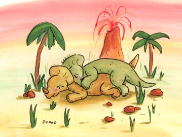 ambiguous_gender ambiguous_penetration blush ceratopsian dinosaur duo feral from_behind_position grass lava ornithischian penetration phano plant prehistoric_species reptile rock scalie sex smile volcano