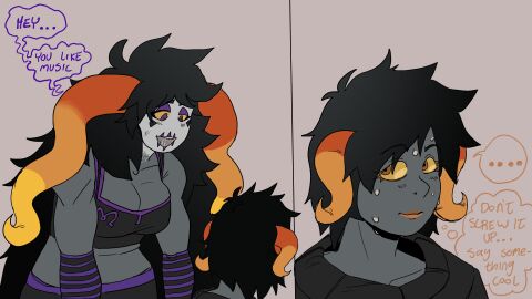 1girls alien black_hair breasts chahut_maenad chixie_roixmr clothed clothing clown clown_girl clown_makeup colored_skin dialogue duo english_text female female_only fully_clothed giantess grey_skin hiveswap homestuck homestuck_troll horn horns humanoid juggalo large_female mini_giantess plap ravensofzar sex standing tall_female text troll yuri