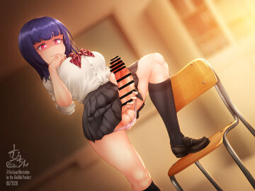 1futa balls bangs bar_censor big_breasts big_penis black_hair bottomless breasts censored clothed clothing erection futa_only futanari huge_cock human intersex light-skinned_futa light_skin masturbation mostly_clothed muchin nightingale_(extinct_canis) penis red_eyes school_uniform short_hair solo standing