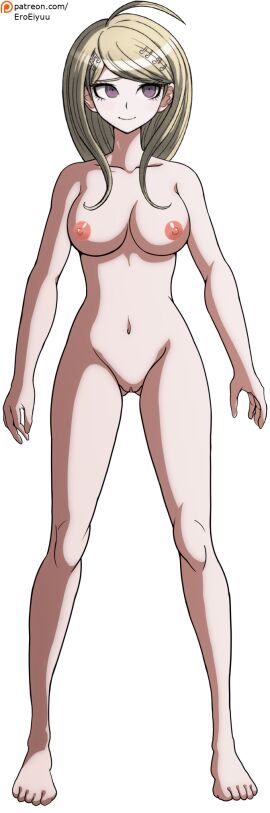 ahoge akamatsu_kaede artist_name ass_visible_through_thighs bare_arms bare_hips bare_legs bare_shoulders bare_stomach barefoot blonde_hair breasts closed_mouth collarbone completely_nude danganronpa danganronpa_(series) danganronpa_v3 danganronpa_v3:_killing_harmony eroeiyuu eyebrows eyelashes feet female female_focus fortissimo full_body gluteal_fold hair_ornament highres large_breasts long_hair musical_note musical_note_hair_ornament navel nipples nude nude_filter official_art patreon_username purple_eyes pussy signature simple_background smile solo solo_focus standing third-party_edit toes transparent_background