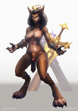 2022 3_toes 4_fingers abs anthro armor athletic athletic_anthro athletic_female barefoot black_hair black_nose black_pawpads blizzard_entertainment bottomwear bracers breasts brown_body brown_fur canid canine canis claws clothed clothing digitigrade enkiefa exposure_variation feet female finger_claws fingers fur halo hindpaw humanoid_hands leg_armor loincloth mammal melee_weapon navel nipples pawpads paws solo standing sword text toe_claws toes topless topless_anthro topless_female url warcraft weapon were werecanid wolf worgen world_of_warcraft