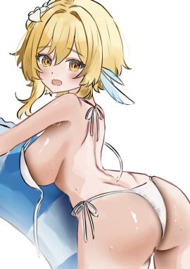 1girls 2d 2d_(artwork) alternate_breast_size alternate_costume ass back back_view backboob big_breasts bikini bikini_bottom bikini_top blonde_hair bra breasts female female_focus female_only flowers flowers_in_hair genshin_impact ikurumidwd light-skinned_female light_skin looking_at_viewer lumine_(genshin_impact) open_mouth revealing_swimsuit short_hair simple_background slim_female solo solo_female solo_focus summer swimsuit thong thong_bikini two_piece_swimsuit white_background white_bikini white_bikini_bottom white_bikini_top white_bra white_swimsuit white_thong yellow_eyes young younger_female