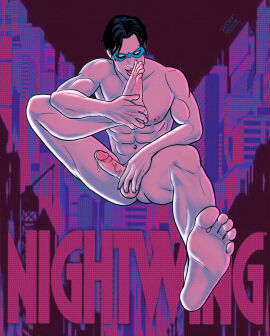 batman_(series) cock dc dc_comics dick_grayson domino_mask foot_focus licking_foot naked naked_male nightwing penis solo_male
