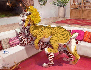 after_transformation ahe_gao anthro anus araivis-edelveys blonde_hair blue_eyes bodily_fluids bottomless breast_squish breasts chakamil chakat cheeky_smile clothed clothing duo erection felid felid_taur feline fur furniture futanari genital_fluids genitals herm hi_res hybrid intersex intersex/intersex knot long_hair looking_at_another looking_pleasured lynx mammal mammal_taur nipples nub_tail on_sofa orgasm orgasm_face orion_(orion-b) pantherine paws penetration penile_spines penis post-transformation pussy rear_view red_hair shorttail sofa spots squish striped_body striped_fur stripes taur taur_transformation tiger transformation vaginal_fluids vaginal_penetration