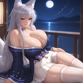 ai_generated azur_lane bursting_breasts curvy curvy_female curvy_figure huge_breasts klausherbert looking_at_viewer moon night shinano_(azur_lane) sitting smile thick_thighs