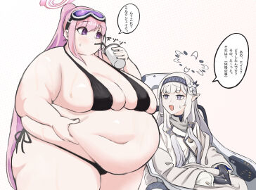 2023 2girls bbw belly bikini blue_archive breasts dialogue eimi_(blue_archive) eimi_(swimsuit)_(blue_archive) fat female female_focus female_only goggles goggles_on_head halo hi_res high_resolution highres himari_(blue_archive) holding_belly huge_belly huge_breasts japanese_text kiyabatsu larger_female long_hair looking_at_another millennium_science_school_student obese obese_female overweight overweight_female pink_hair plump pointy_ears ponytail purple_eyes size_difference speech_bubble super_phenomenon_task_force_(blue_archive) sweat sweatdrop sweating swimsuit text thick_thighs thighs white_hair