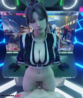 1boy 1girls 3d 3d_(artwork) absurd_res arcade breasts capcom cleavage fatal_fury female gloves highres leather leather_clothing looking_at_viewer mai_shiranui mai_shiranui_(city_of_the_wolves) male missionary missionary_position ponytail pubic_hair sex shaddoll_x snk standing standing_missionary standing_sex street_fighter street_fighter_6