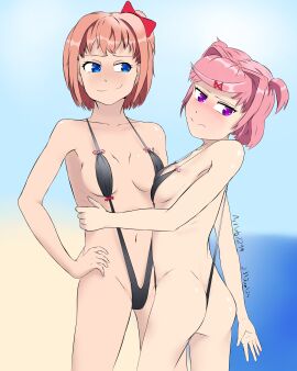 2024 2girls 5_fingers artist_name artlabafterdark ass blue_eyes breasts dated doki_doki_literature_club female female_only human looking_away multiple_females multiple_girls natsuki_(doki_doki_literature_club) navel pink_eyes pink_hair sayori_(doki_doki_literature_club) sideboob strawberry_blonde_hair twitter_username