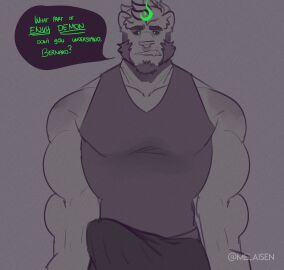 2021 absurd_res anthro bara beard black_sclera body_swap bulge clenched_teeth clothed clothing demon detailed_bulge digital_media_(artwork) erection erection_under_clothing facial_hair facial_piercing felid feline front_view genital_outline green_eyes green_text hi_res male male_focus male_only mammal melaisen nose_piercing nose_ring penis penis_outline piercing portrait ring_piercing solo standing teeth text three-quarter_portrait yaoi