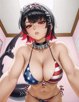 1girls 4k 4k_resolution 8k ai_generated american_flag_bikini bikini black_hair blush breasts ellen_joe female female_focus hi_res high_res high_resolution hires indoors inside looking_at_viewer on_all_fours red_eyes red_hair shark_girl shark_tail short_hair solo solo_female teeth two-tone_hair two_tone_hair upscaled zenless_zone_zero