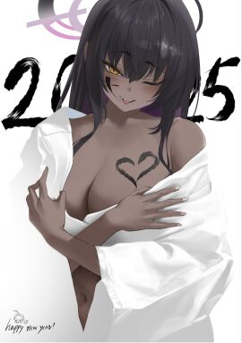 1girls blue_archive bpang72709895 breasts dark-skinned_female dark_skin female hair_down happy_new_year karin_(blue_archive) stripping wink