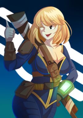 1girls 2024 2d 2d_(artwork) armor big_breasts big_cleavage black_eyes blonde_hair breasts cleavage clothed clothed_female cowboy_shot fallout female female_only gun human human_only large_breasts leather_armor light-skinned_female light_skin looking_away medium_hair no_artist no_artist_signature open_mouth pip-boy questionable rifle sfw short_hair standing tagme_(artist) thumbs_up vault_girl weapon wink winking