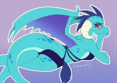 2019 amber_eyes anthro anthrofied ass blush clothing dragon evomanaphy female friendship_is_magic hi_res lying my_little_pony pose princess_ember_(mlp) scalie slit_pupils solo swimwear
