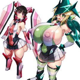 2girls akatsuki_kirika ass big_ass big_breasts black_hair blonde_hair breasts breasts_bigger_than_head exhibitionism female green_eyes kawahagitei magical_girl one_eye_covered pink_areola pink_nipples red_eyes senki_zesshou_symphogear skirt thighhighs tsukuyomi_shirabe