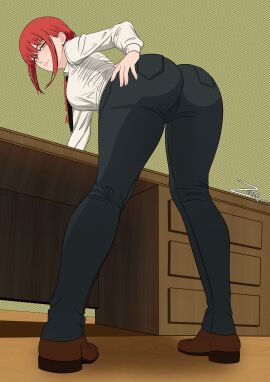 1girls ass bent_over bent_over_table big_ass black_pants bottomwear braid breasts chainsaw_man female female_only footwear hair hand_on_ass huge_ass legs looking_back makima_(chainsaw_man) necktie neckwear pants red_hair shirt shoes sketch solo solo_female table thighs topwear white_shirt yellow_eyes zelionart