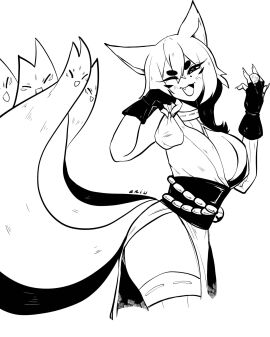 black_and_white female fox_ears fox_girl kimono kitsune multi_tail unknown_artist