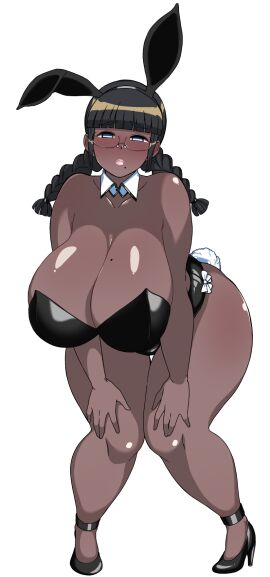 1girls bent_over big_breasts black_hair blue_eyes blush braid breasts breasts_bigger_than_head bunny_ears bunnysuit busty chairman_(jinrikisha) curvaceous curvy curvy_body curvy_female curvy_figure dark-skinned_female dark_skin enormous_breasts female female_focus female_only gigantic_breasts glasses huge_breasts knees_together_feet_apart komusou_(jinrikisha) large_breasts massive_breasts mole mole_under_mouth original schoolgirl solo thick_thighs thighs twin_braids voluptuous wide_hips